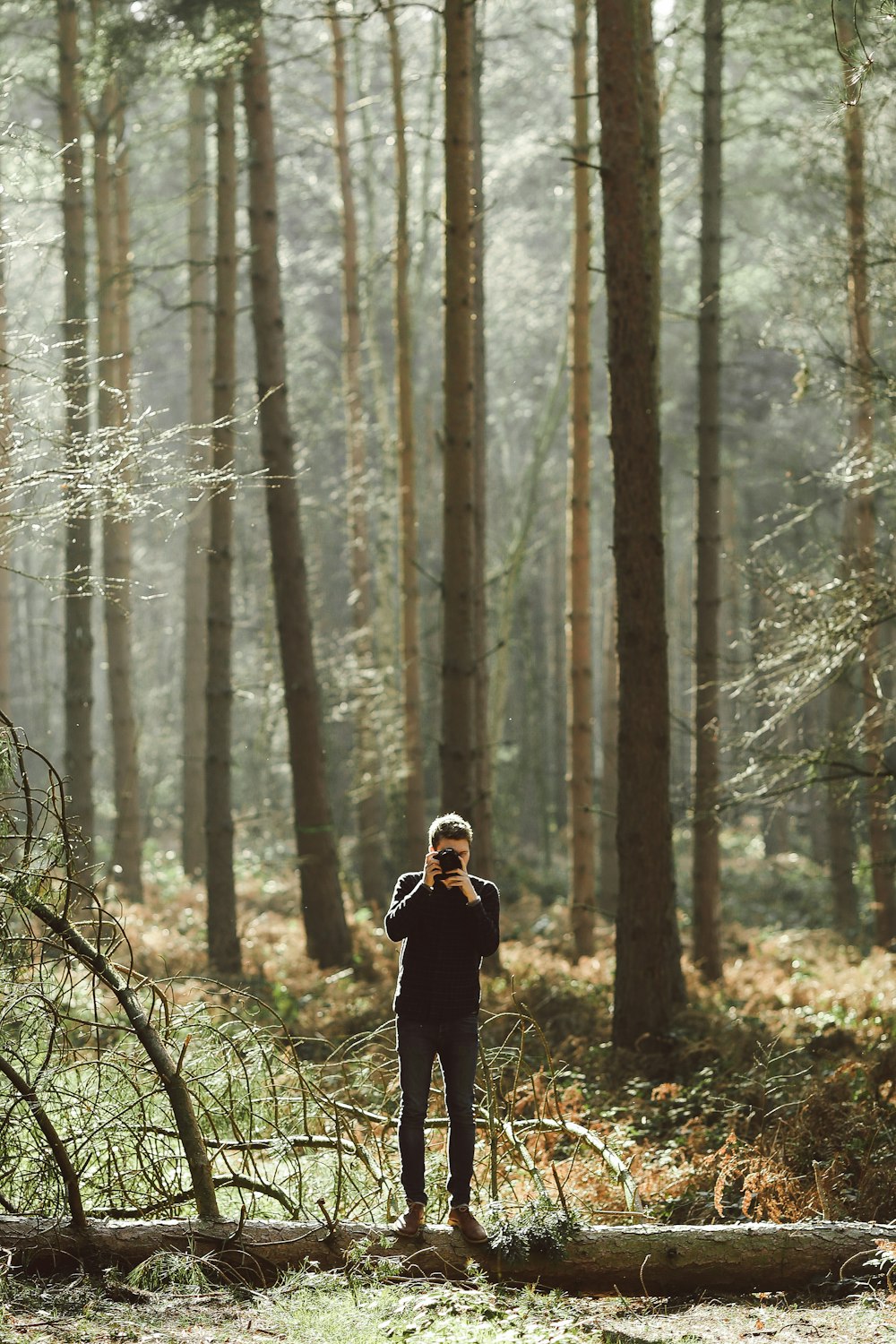 photography of man pointing a camera standing on a tree on the ground