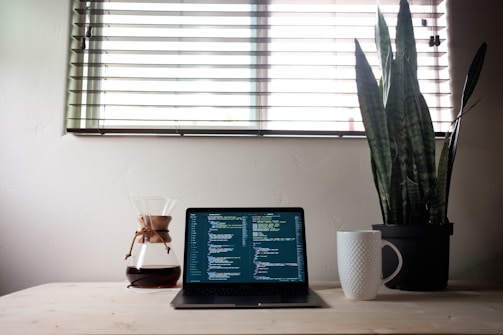 A laptop with code displayed on the screen sits on a wooden desk, accompanied by a Chemex coffee maker containing dark coffee and a white textured mug. A large snake plant in a black pot is placed to the right. Light filters through horizontal blinds on the window behind.