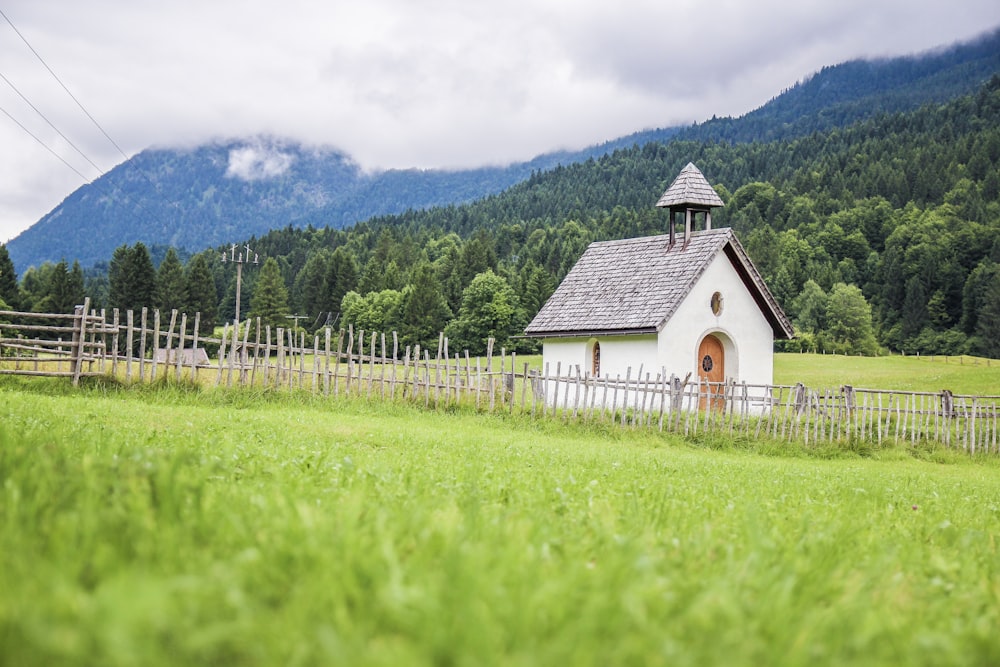 white and gray barn beside fence