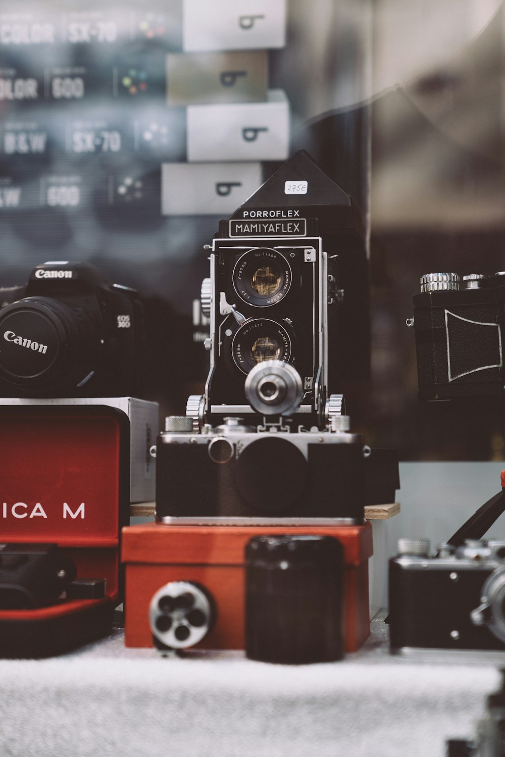 Fotografía de enfoque selectivo de cámara réflex de doble lente en negro y gris