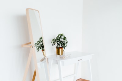 Minimalist room corner featuring a wooden desk and stylish chair.