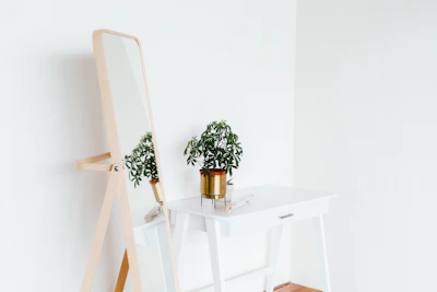 Minimalist office corner with natural light highlighting a neat desk and a plant.