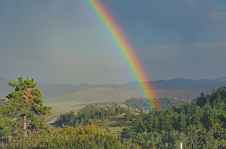 A vibrant rainbow arcing over a lush green landscape.