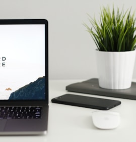 MacBook Pro near green potted plant on table