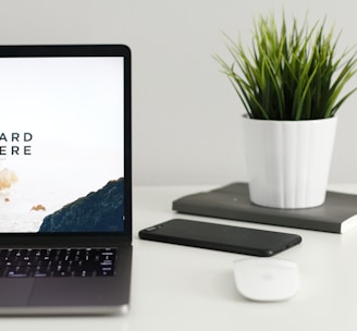 MacBook Pro near green potted plant on table