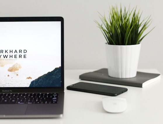 MacBook Pro near green potted plant on table