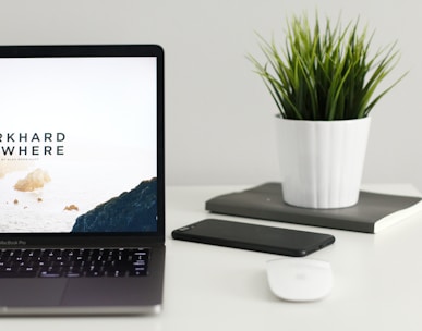 MacBook Pro near green potted plant on table