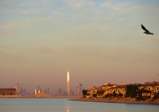 A tranquil seaside scene at sunset with a seagull flying in the sky. Elegant villas line the sandy coastline on the right, while the city skyline, with a tall skyscraper glinting in the sunlight, is visible in the background. The calm water reflects the warm hues of the sky.
