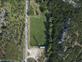 An aerial view of a rectangular sports field surrounded by dense green trees. A road runs parallel to one side, with clear shadows cast by tall structures beside the field. The grass is well-maintained and vibrant, with a small building or structure visible at one end of the field.