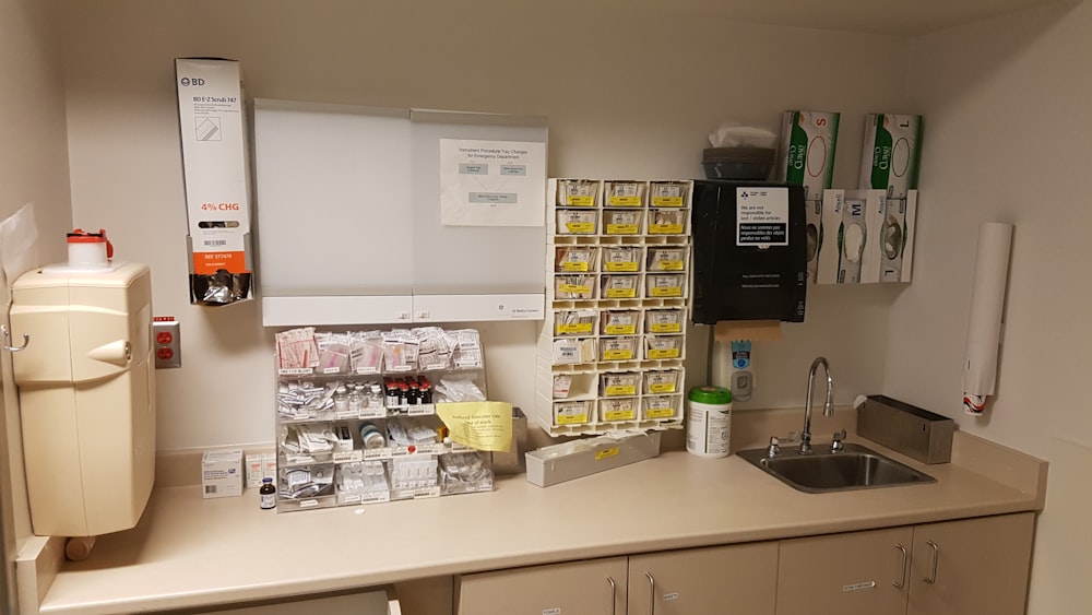 A sink and counter workstation in a medical office.