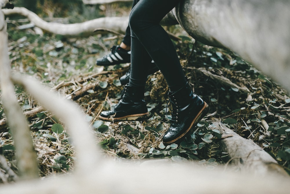 person sitting on tree log