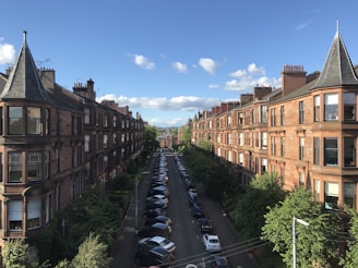 A charming street view featuring well-maintained residential properties under a clear blue sky.