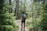 A happy hiker standing on a forest trail with a well-packed backpack, surrounded by tall pine trees.