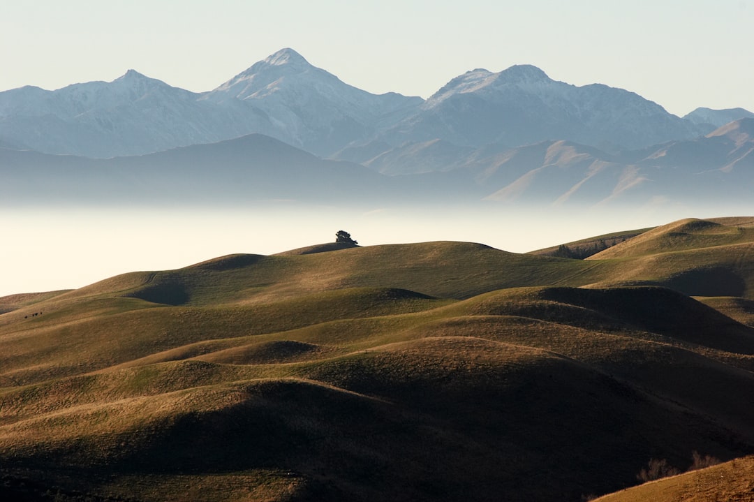 mountains with fogs under white sky