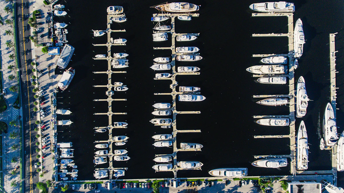 Aerial view of a Florida waterfront dock and seawall