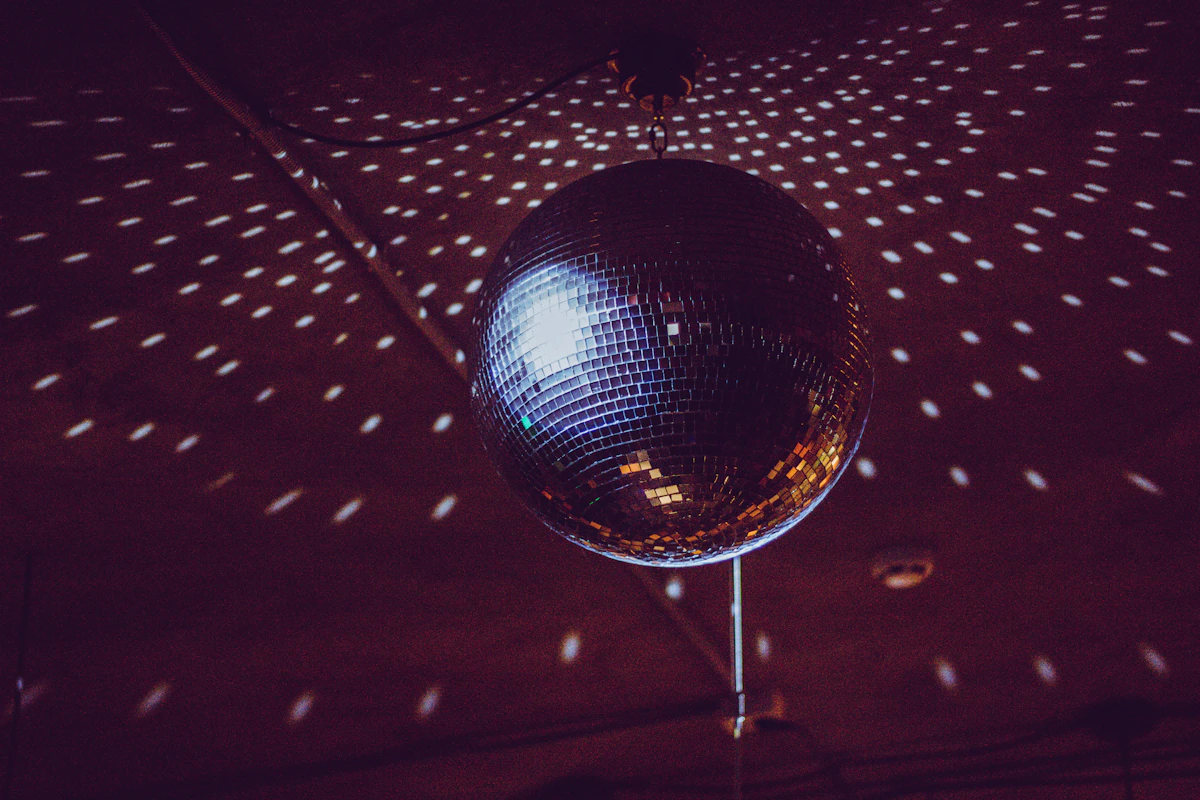 Silver mirror ball in a dark club