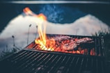 A barbecue grill with a fire burning, cooking pieces of meat over open flames. The background shows a blurred outdoor setting, possibly near water, with a reflection that adds a serene contrast to the fiery foreground.