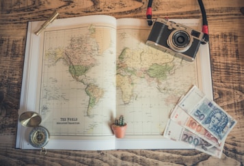 A world map is spread out on a wooden surface with various travel-related items placed around it. A vintage-style camera with a strap sits in the top right corner, and several banknotes are arranged beside it. In the top left, there's a small telescope. At the bottom left, a compass is positioned next to a small potted cactus plant. The overall setup suggests a theme of travel and exploration.