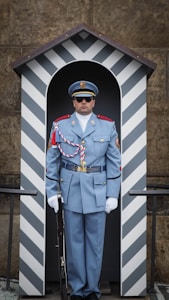 A uniformed guard stands in a small sentry box adorned with a striped pattern. The guard is wearing a formal blue-gray uniform with decorative cords and insignia, complete with a peaked cap and sunglasses. He is holding a rifle, and the sentry box is positioned against a stone wall.