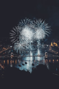 fireworks over bridge during nighttime
