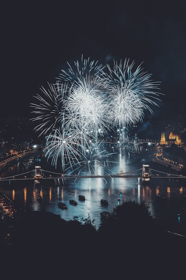 fireworks over bridge during nighttime