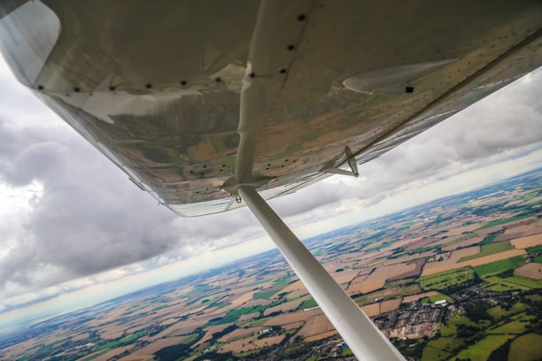 An aerial view of a scenic landscape taken from a small aircraft.