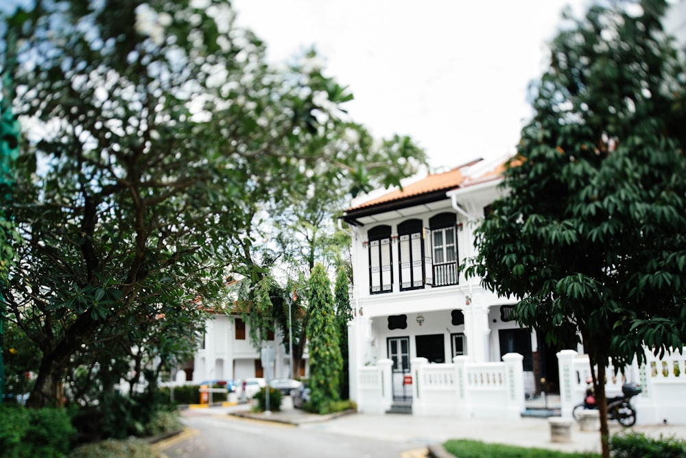 white concrete house surrounded with trees