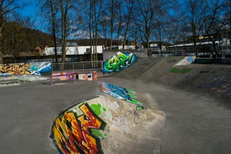 An outdoor skate park with various ramps and surfaces covered in colorful graffiti. Tall leafless trees line the back of the park, with an industrial building visible in the background. A fence separates the skate park from the surroundings.