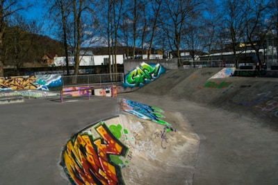 An outdoor skate park with various ramps and surfaces covered in colorful graffiti. Tall leafless trees line the back of the park, with an industrial building visible in the background. A fence separates the skate park from the surroundings.