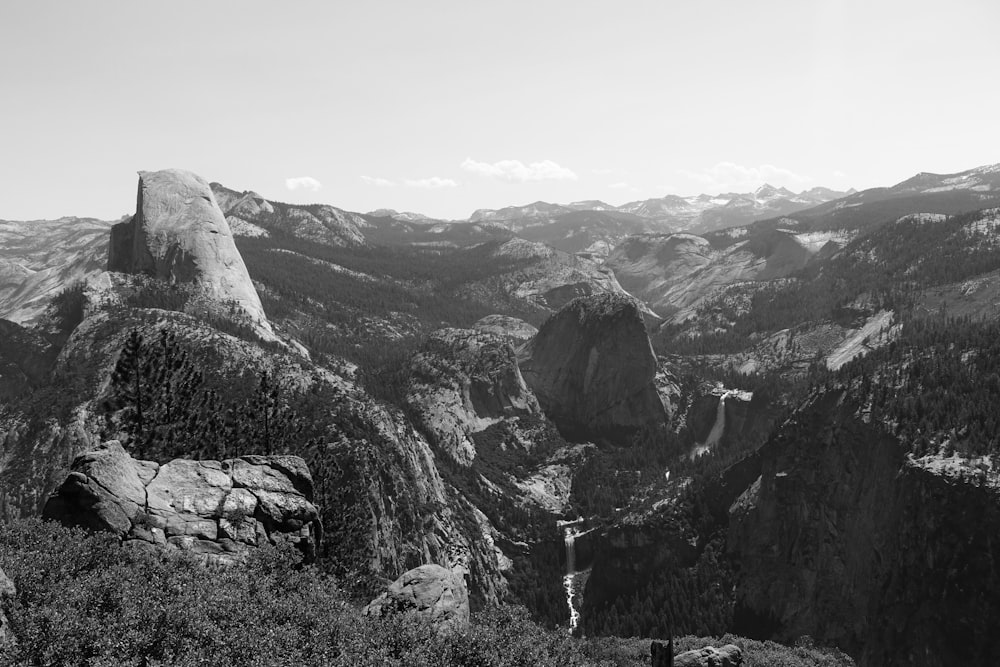 grayscale photo of mountain range