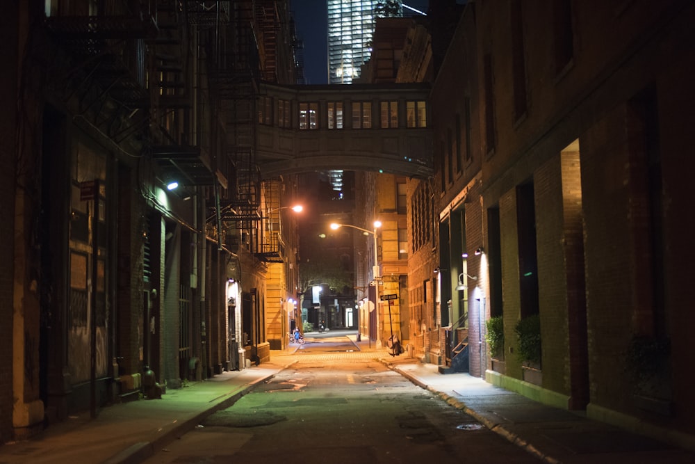 rue vide entre les bâtiments pendant la nuit