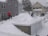 Two individuals are shoveling snow off the roof of a small garage. One person is wearing a red jacket and black pants, while the other is in a green jacket. The surrounding area is covered in snow, including nearby houses with light-colored siding. A tree without leaves stands in the background, indicating a winter setting.
