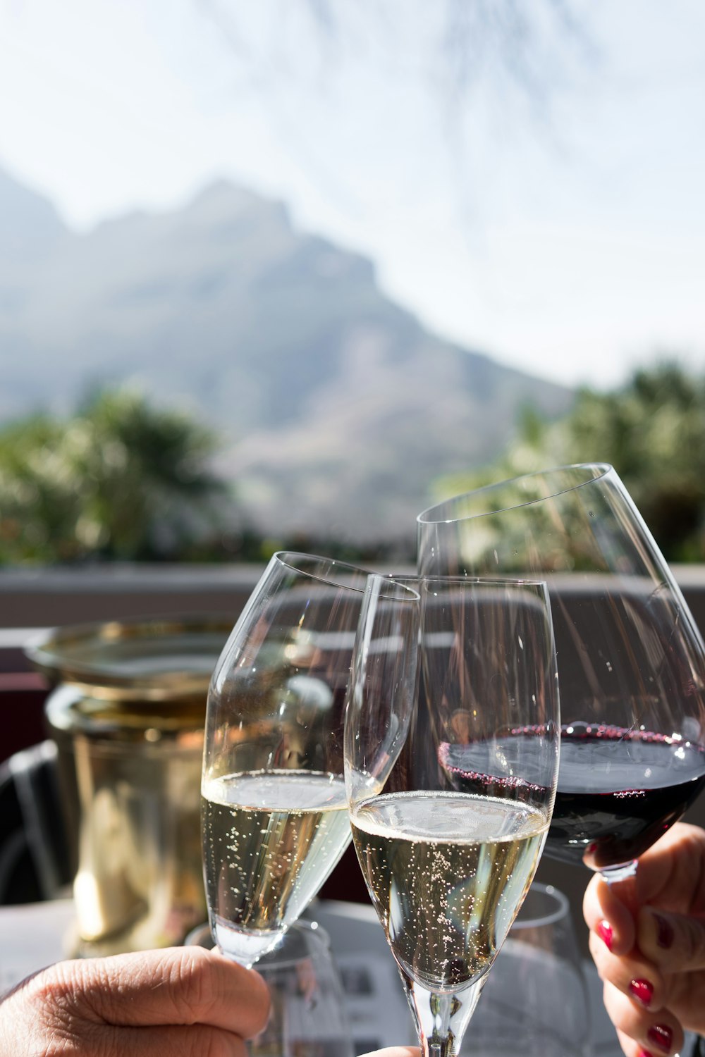 três pessoas segurando taças de vinho