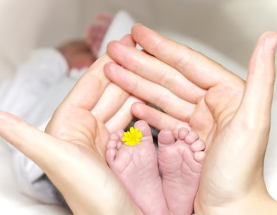 person holding baby's toe with yellow petaled flower in between