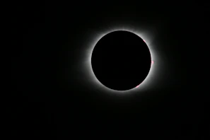 Close-up of the eclipse’s corona shimmering against a deep twilight sky.