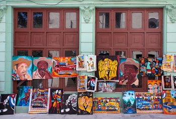 A variety of colorful paintings displayed against a wall with large windows. The paintings depict various subjects including portraits of people wearing hats, vintage cars, abstract art, and cultural scenes. The background wall is painted light green and the windows have a brown frame.