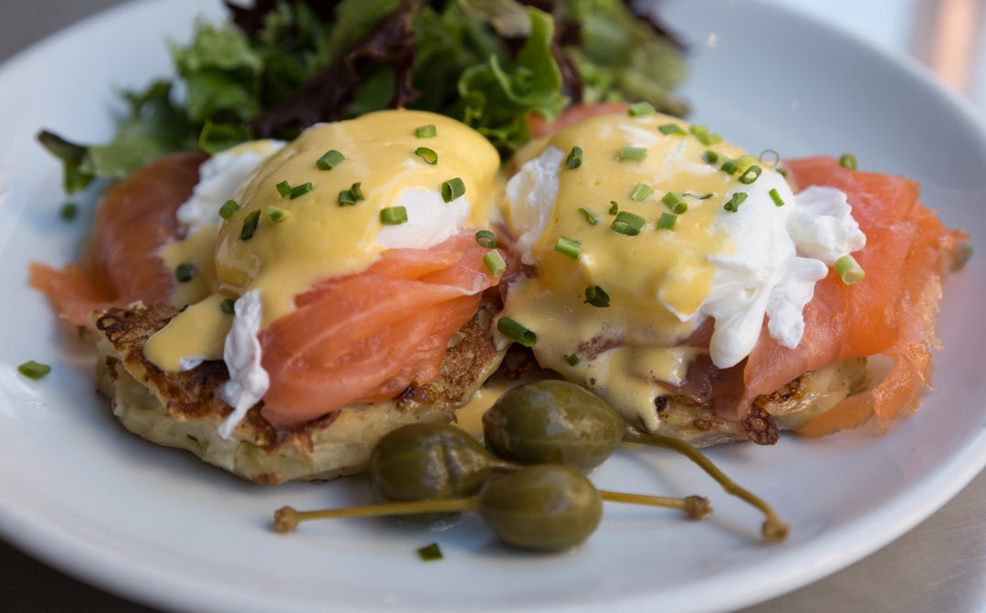 two burgers on plate, Smoke Salmon Eggs Benedict