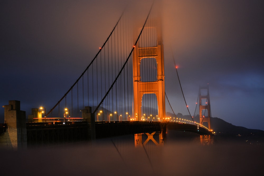 夜間のライトアップが映る茶色の橋