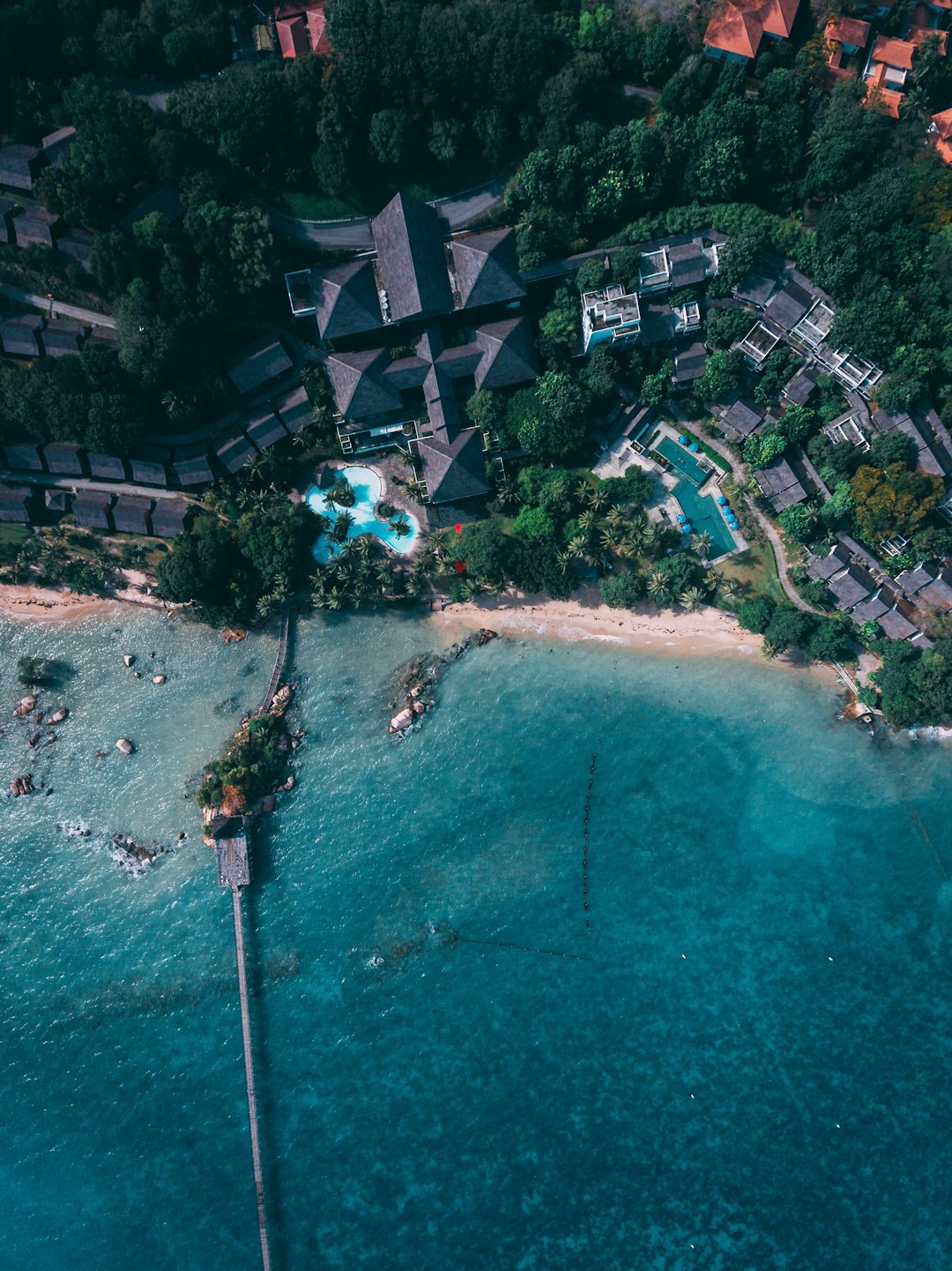 aerial photography of resort with pool by the beach