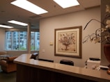 An office reception area featuring a wooden counter, a comfortable chair, and a corner with a desk and office supplies. The walls are decorated in neutral tones, with a framed artwork depicting a floral arrangement. Large windows reveal an urban exterior with trees and buildings visible.