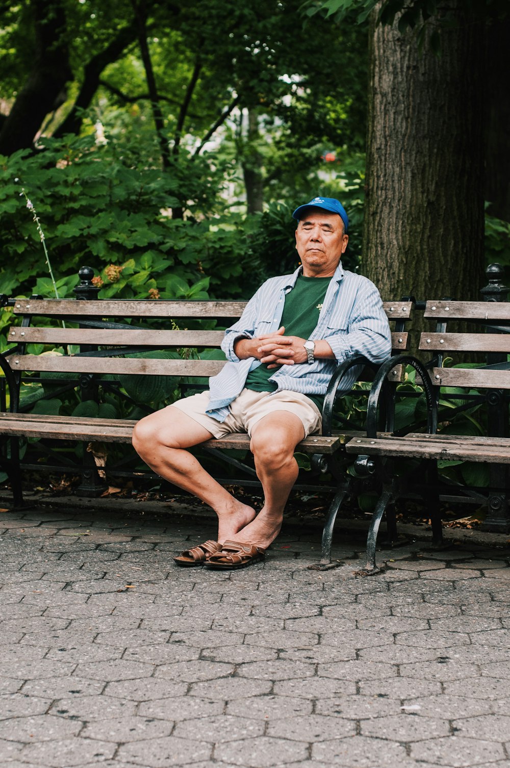 homem sentado no banco fechando os olhos perto de árvores