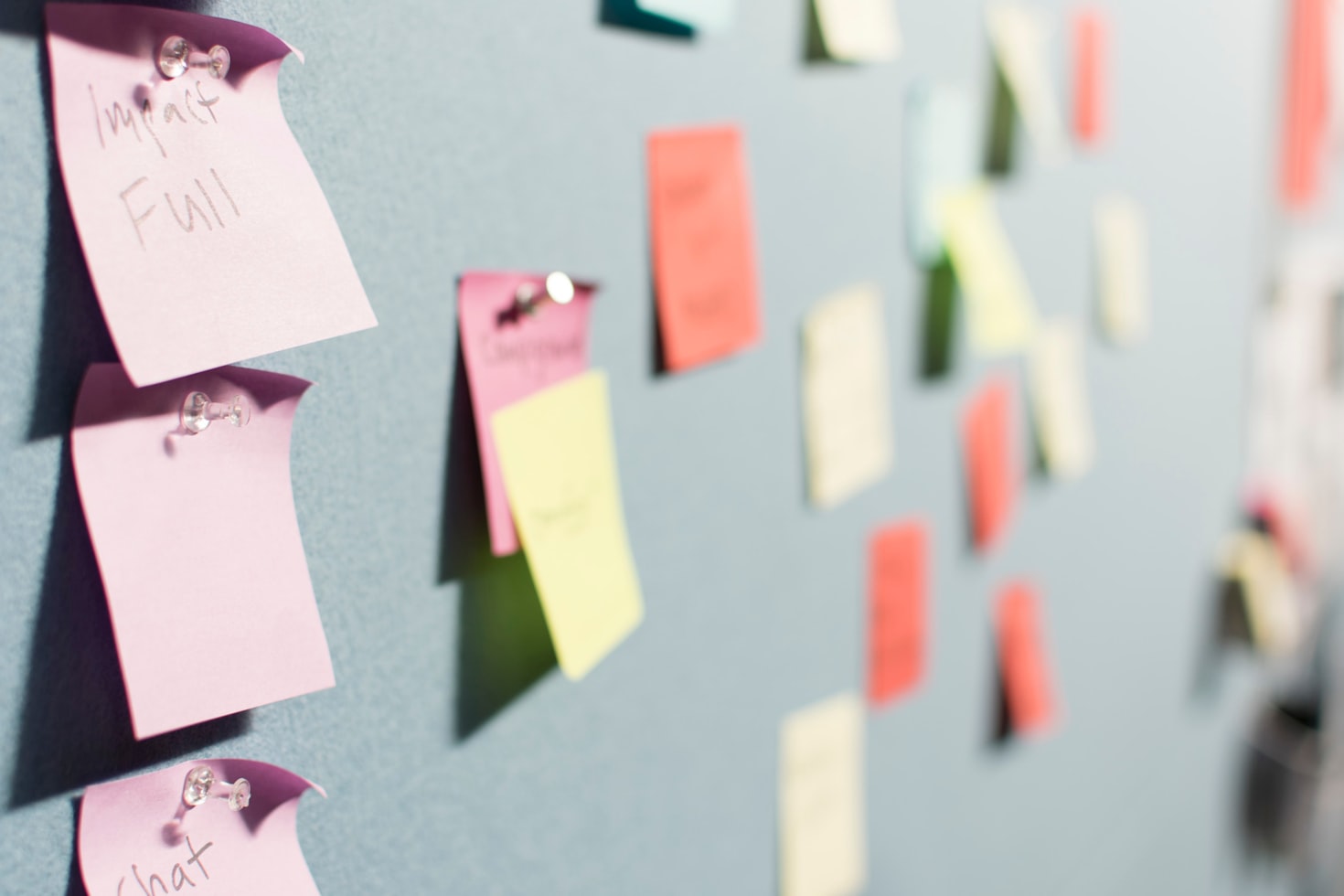 A board filled with sticky notes across the wall. 