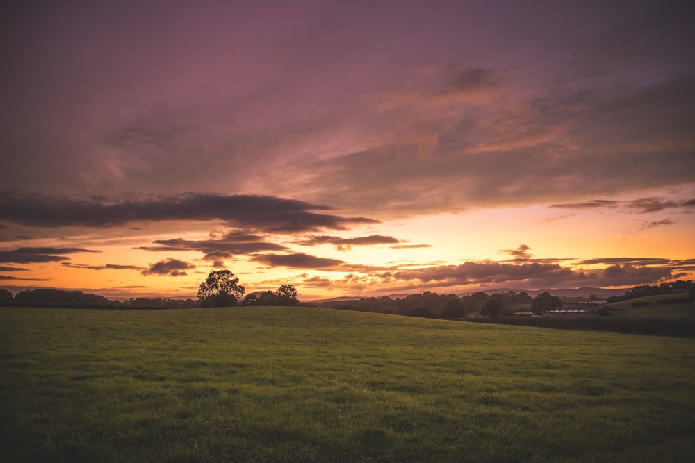 green grass field under cloudy sky during sunset