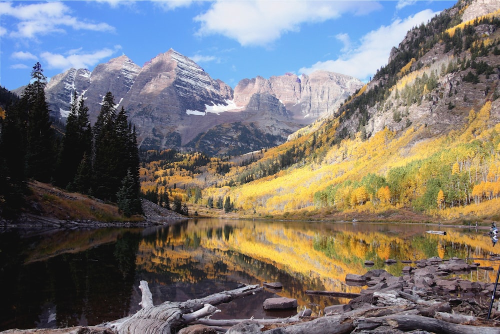 brown, gray, and green mountain and lake in landscape photography