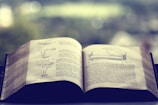 An open book featuring printed text and simple hand-drawn illustrations, possibly instructional or educational in nature. The setting is peaceful, with a blurred, natural background visible through a window.