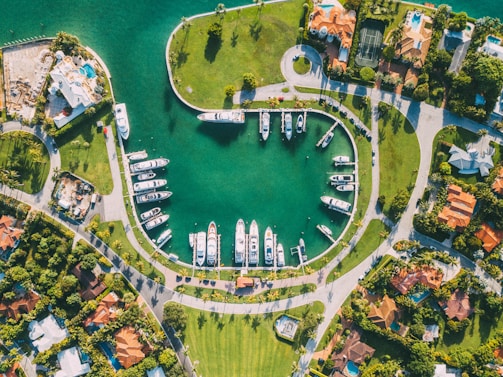 An aerial view of a marina surrounded by luxurious houses with lush green gardens. The marina is filled with several yachts and boats docked in a semicircular pattern within a calm, teal-colored waterway. The surrounding area features organized streets, vibrant greenery, and palm trees adding a tropical atmosphere.
