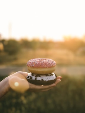 A hand holds two doughnuts, one with pink icing and sprinkles, and the other black and white with icing. The background is a blurred outdoor setting with warm sunset lighting, creating a soft and cozy ambiance.