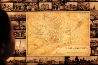 A warm, inviting travel agency office in Barcelona with tropical decor and maps of Latin America