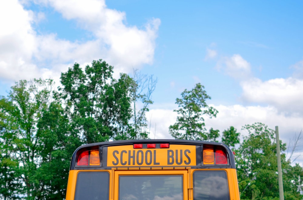 school bus near green trees under cloudy sky during daytime