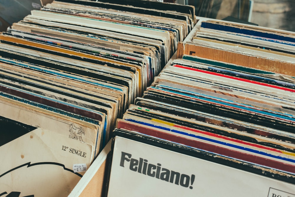 Pila de fundas de discos de títulos variados en el estante